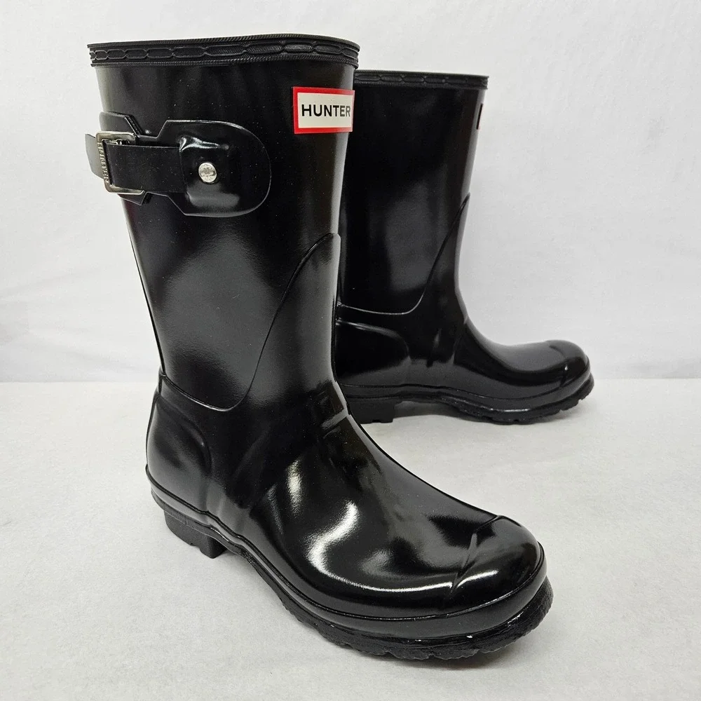 Hunter Original Short Gloss Rain Boots WFS1000RGL Black Women's Size‎ 10